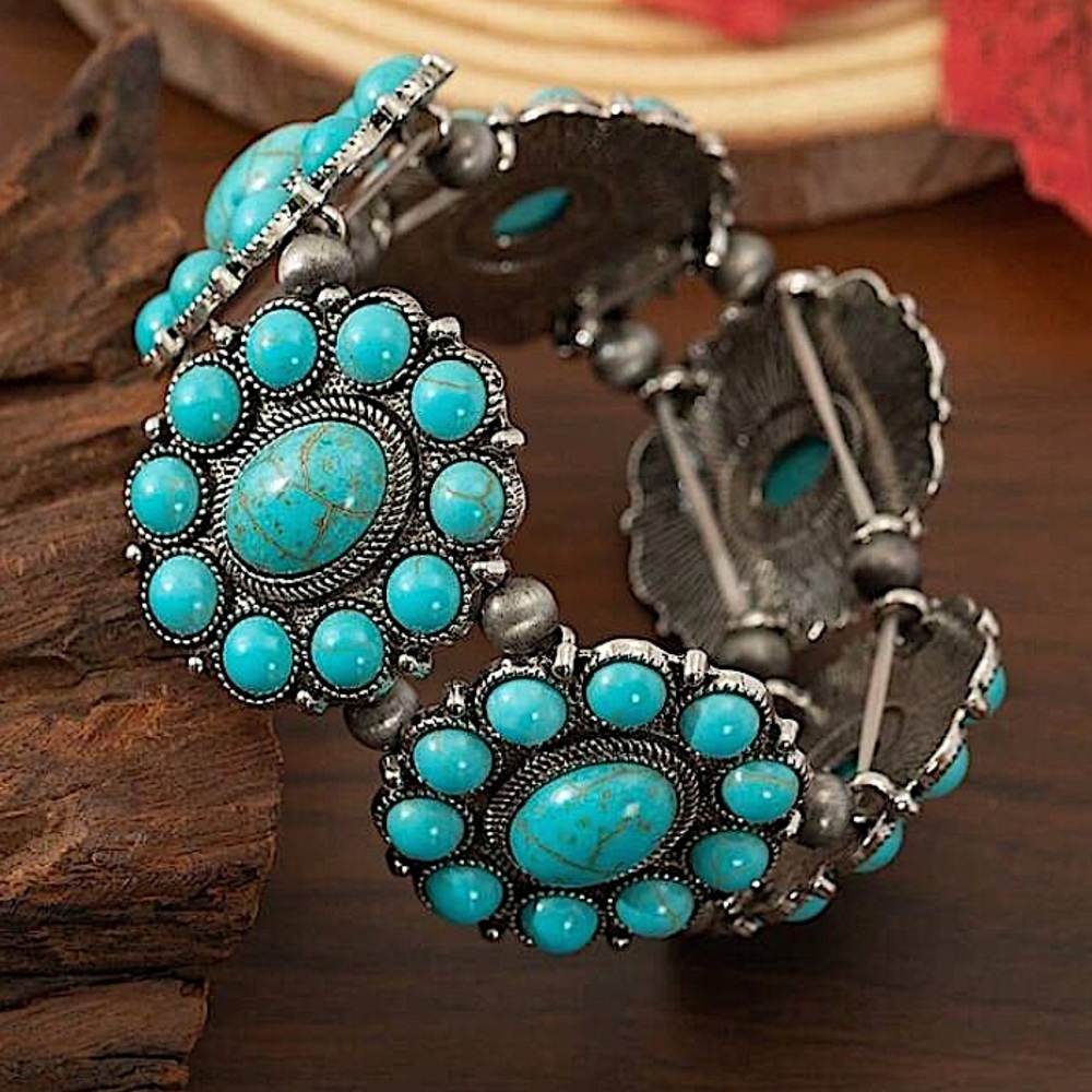 Western Turquoise Squash Blossom Post Bracelet